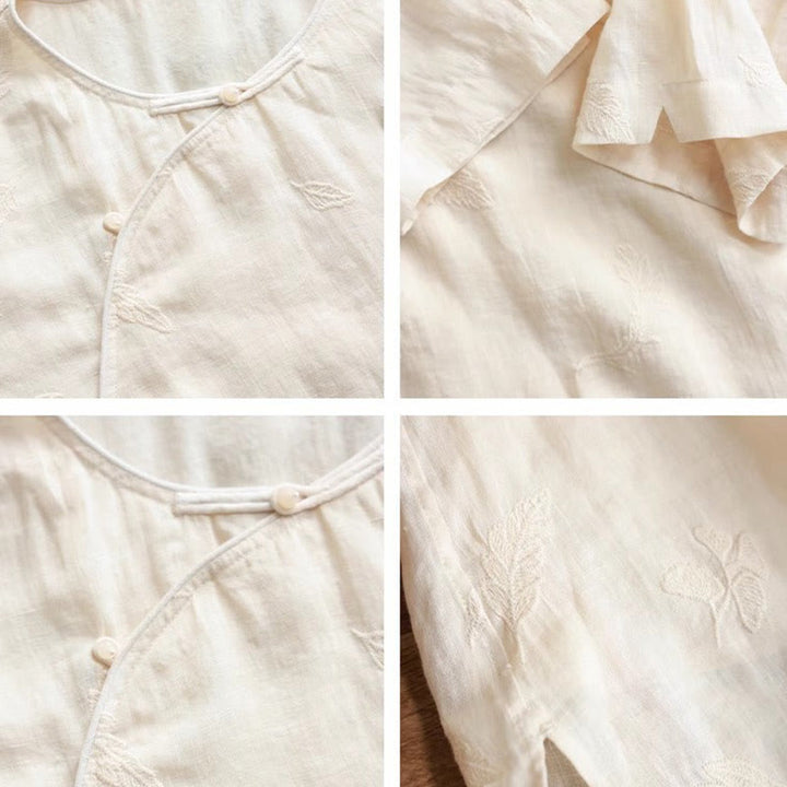 Buddha Stonesラミーリネンゆったりブラウス半袖シャツ中国風トップス