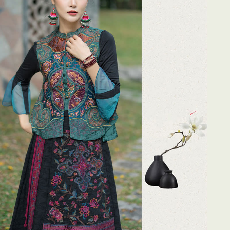 Buddha Stonesヴィンテージスタイル刺繍花唐装デザインノースリーブベスト - image 7