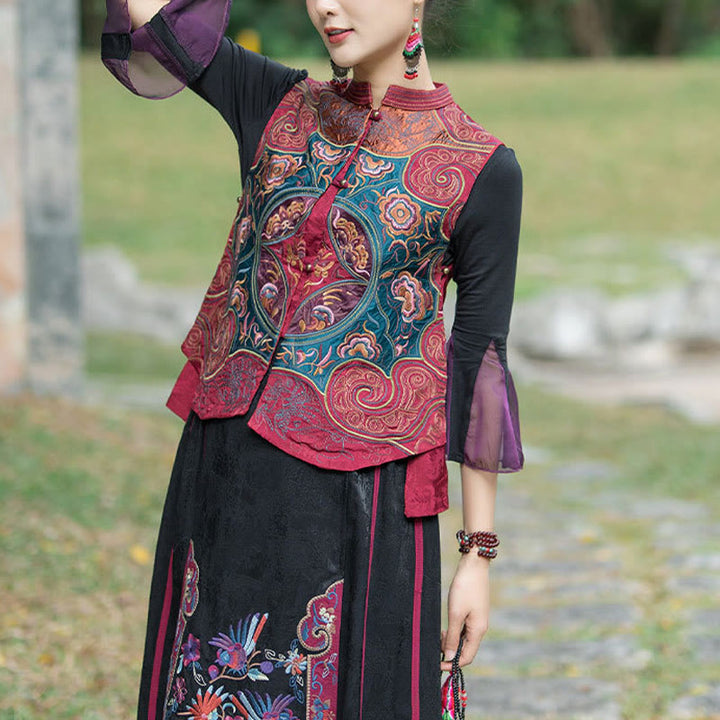 Buddha Stonesヴィンテージスタイル刺繍花唐装デザインノースリーブベスト - レッド(ベストのみ) - 2XL(バスト100cm/肩幅40cm/着丈59cm) - image 17