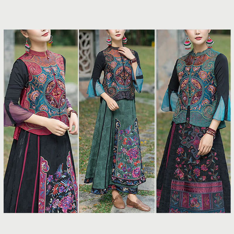 Buddha Stonesヴィンテージスタイル刺繍花唐装デザインノースリーブベスト - image 29