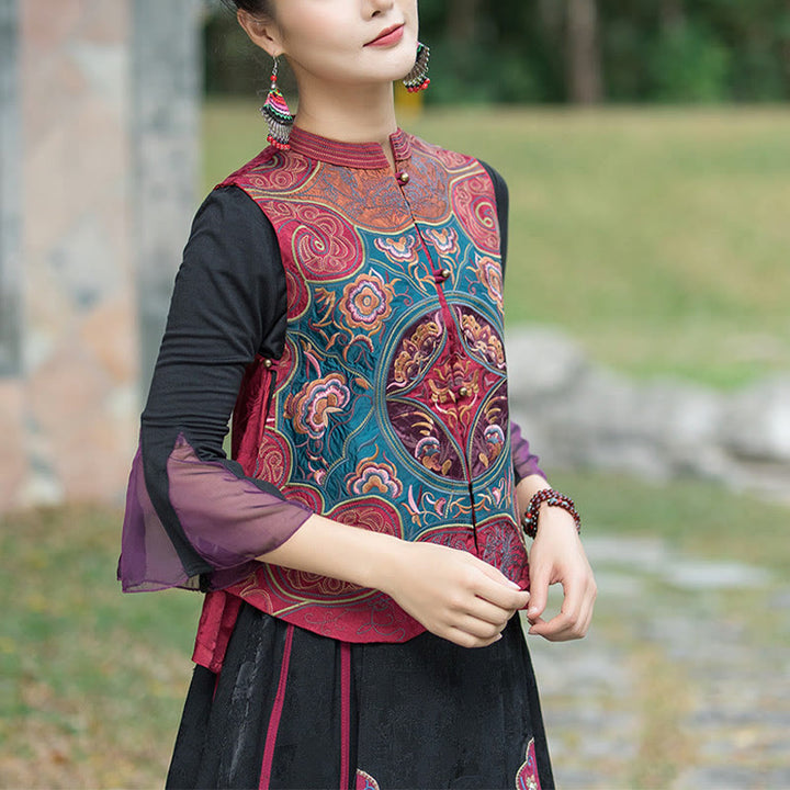 Buddha Stonesヴィンテージスタイル刺繍花唐装デザインノースリーブベスト - image 18