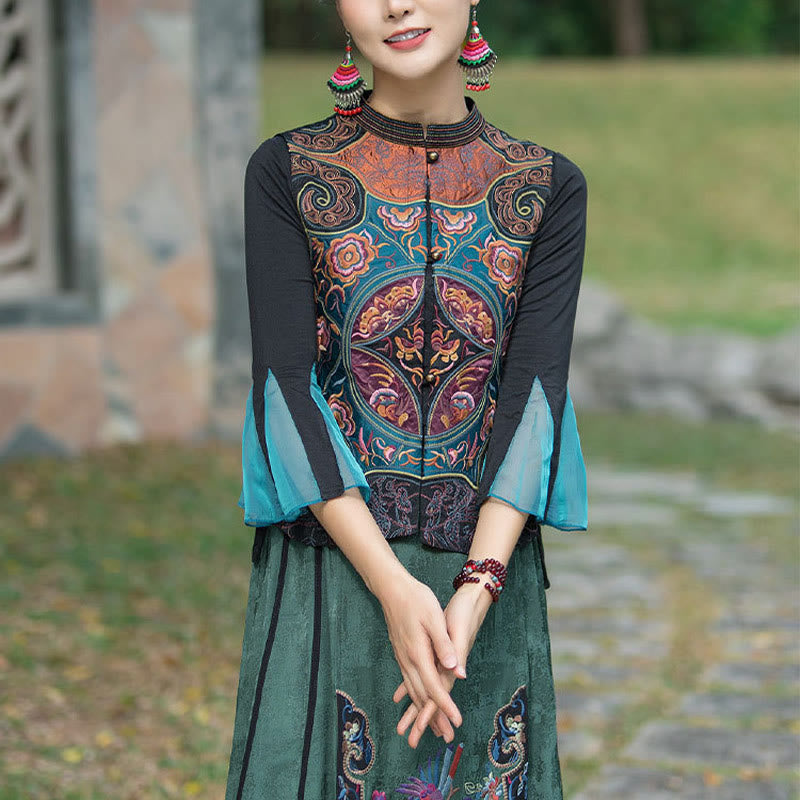 Buddha Stonesヴィンテージスタイル刺繍花唐装デザインノースリーブベスト - ブラック(ベストのみ) - 2XL(バスト100cm/肩幅40cm/着丈59cm) - image 9