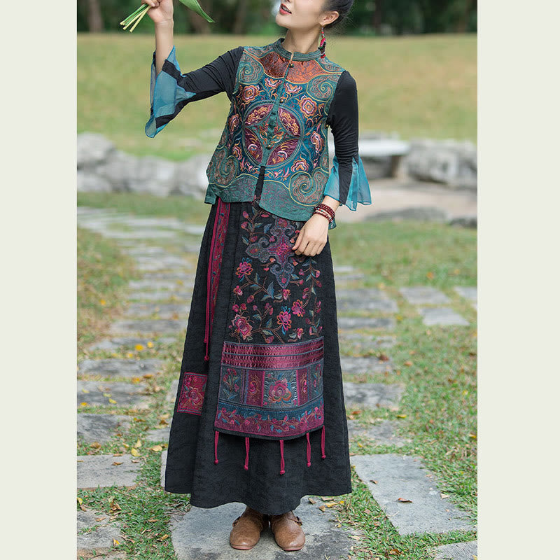 Buddha Stonesヴィンテージスタイル刺繍花唐装デザインノースリーブベスト - image 3