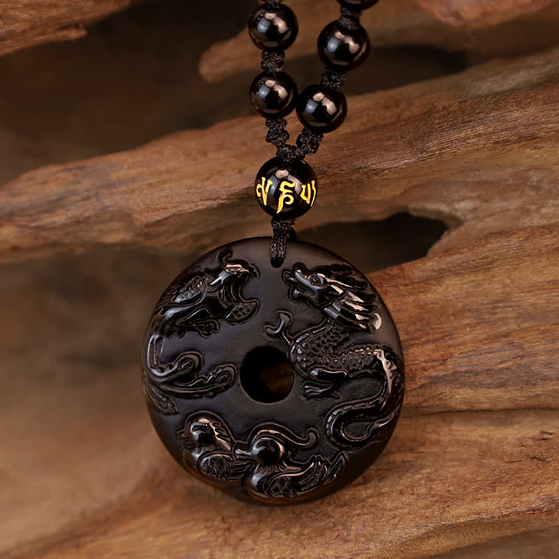 Buddha Stones黒曜石 龍 鳳凰 鴛鴦 幸運 守護 ネックレス ペンダント