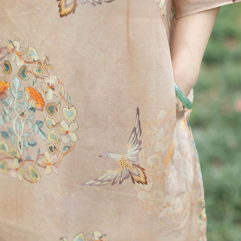 Buddha Stonesオレンジフラワーバードプリントチャイナドレスコットンリネン半袖ポケット付きドレス - image 3