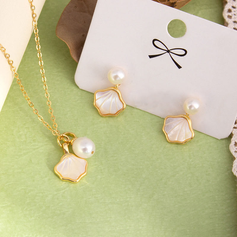 Buddha Stonesイチョウ シャコガイ 石 パールビーズ 銅製 祝福ネックレス ペンダント リング イヤリング セット