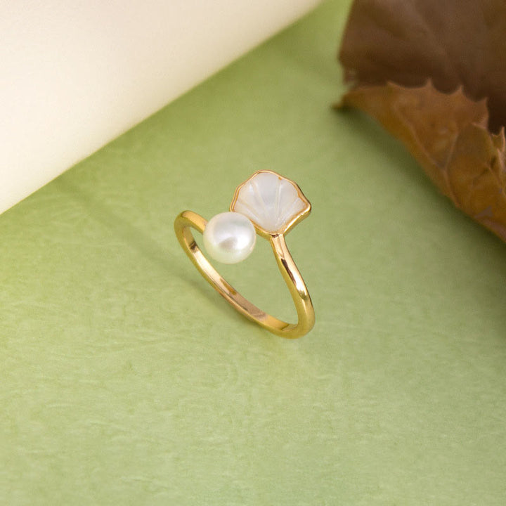 Buddha Stonesイチョウ シャコガイ 石 パールビーズ 銅製 祝福ネックレス ペンダント リング イヤリング セット