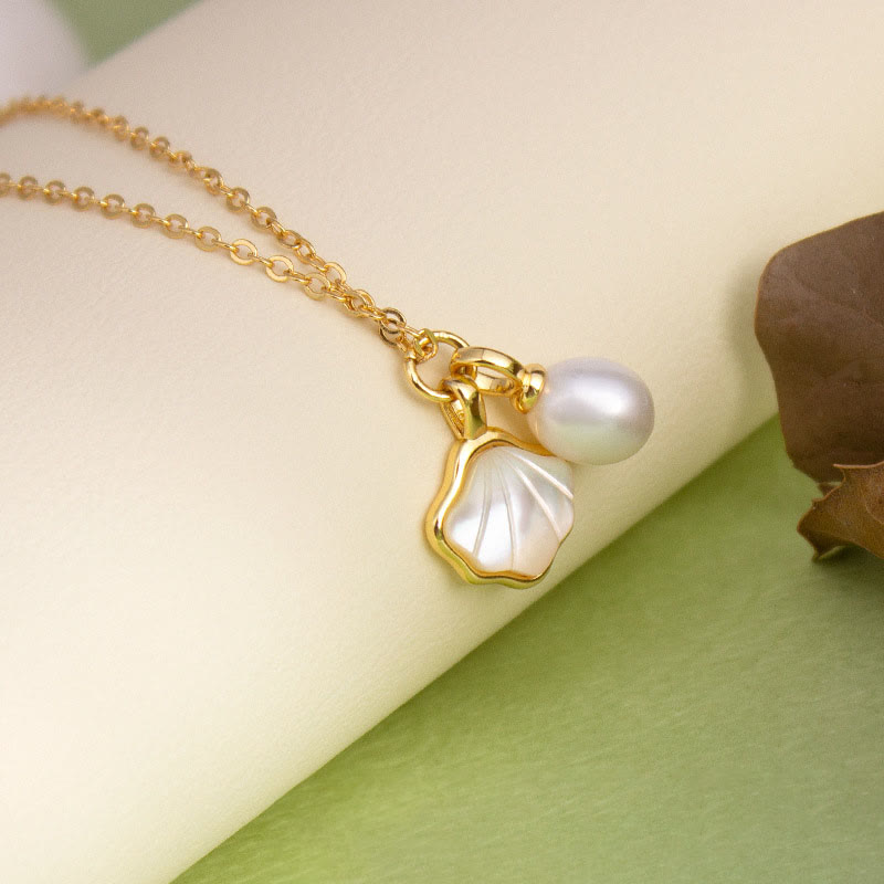 Buddha Stonesイチョウ シャコガイ 石 パールビーズ 銅製 祝福ネックレス ペンダント リング イヤリング セット