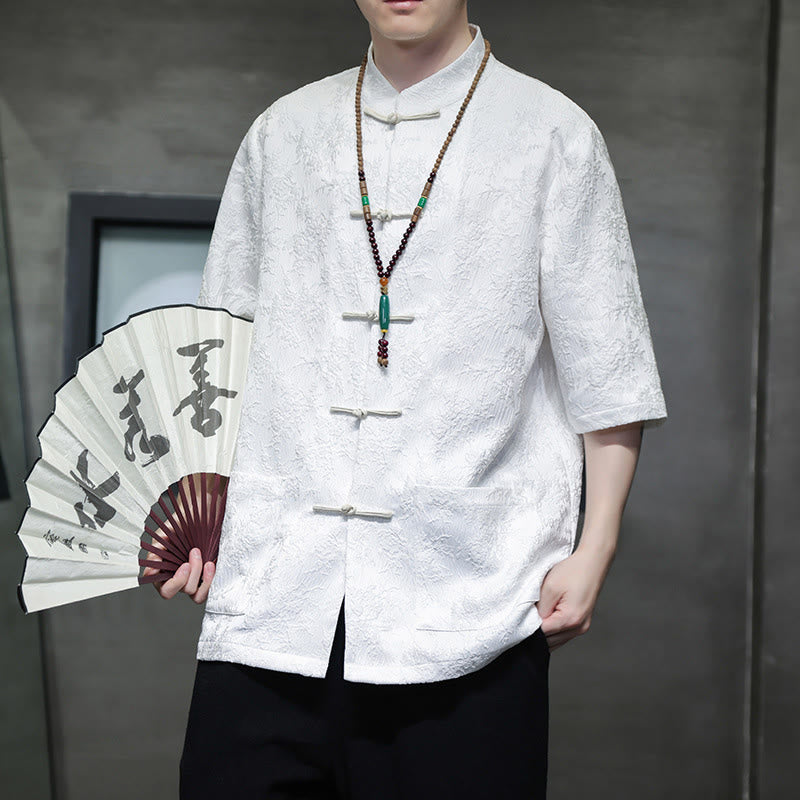 Buddha Stones無地ジャカードフロッグボタンチャイナ半袖シャツメンズTシャツ