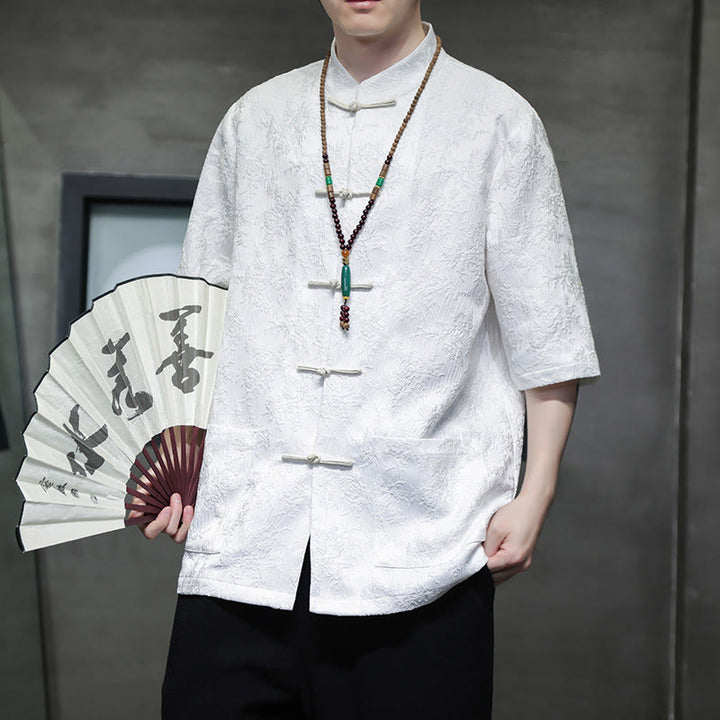 Buddha Stones無地ジャカードフロッグボタンチャイナ半袖シャツメンズTシャツ