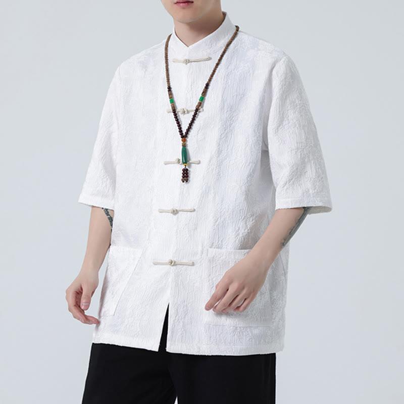 Buddha Stones無地ジャカードフロッグボタンチャイナ半袖シャツメンズTシャツ