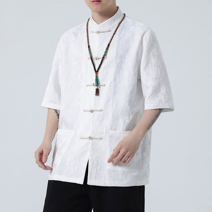 Buddha Stones無地ジャカードフロッグボタンチャイナ半袖シャツメンズTシャツ