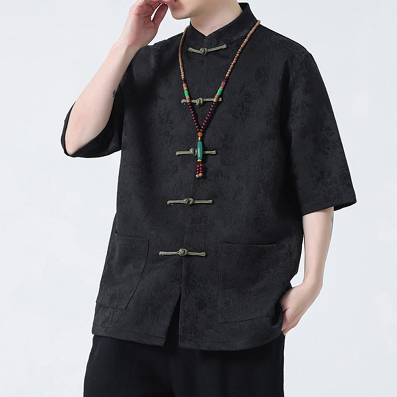 Buddha Stones無地ジャカードフロッグボタンチャイナ半袖シャツメンズTシャツ