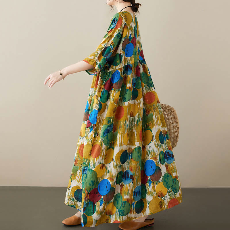 Buddha Stonesオレンジグリーンカラフル水玉模様ミディドレスコットン半袖チュニックドレスポケット付き - image 12