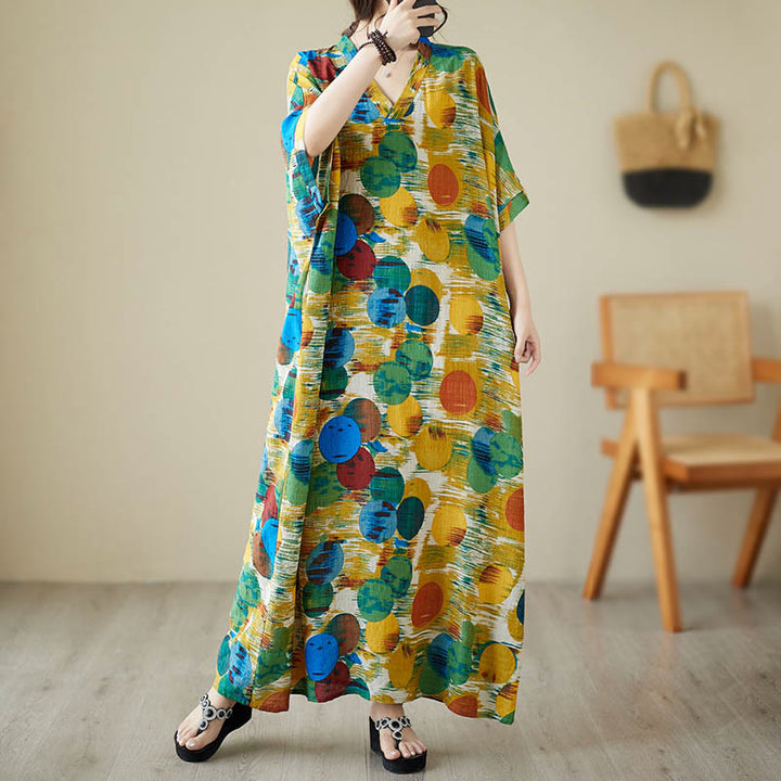 Buddha Stonesオレンジブルーカラフル水玉模様ミディドレスコットン半袖ドレスポケット付き