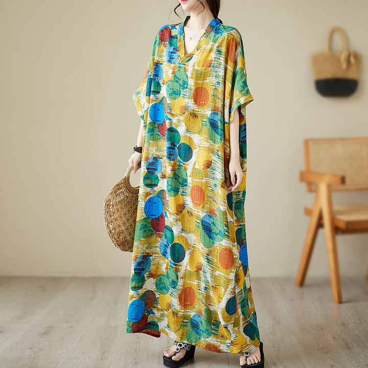 Buddha Stonesオレンジブルーカラフル水玉模様ミディドレスコットン半袖ドレスポケット付き