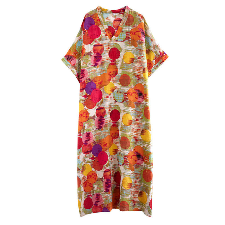 Buddha Stonesオレンジブルーカラフル水玉模様ミディドレスコットン半袖ドレスポケット付き