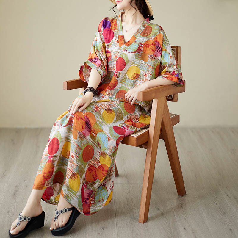 Buddha Stonesオレンジブルーカラフル水玉模様ミディドレスコットン半袖ドレスポケット付き