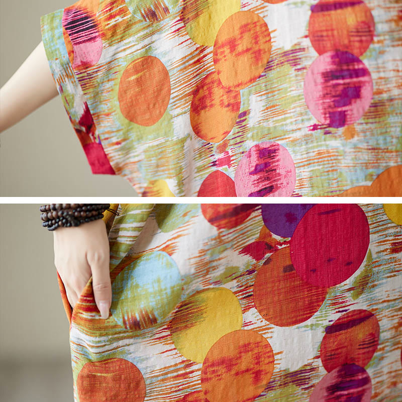 Buddha Stonesオレンジブルーカラフル水玉模様ミディドレスコットン半袖ドレスポケット付き