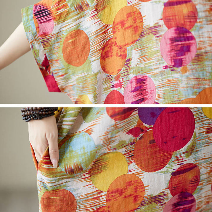 Buddha Stonesオレンジブルーカラフル水玉模様ミディドレスコットン半袖ドレスポケット付き