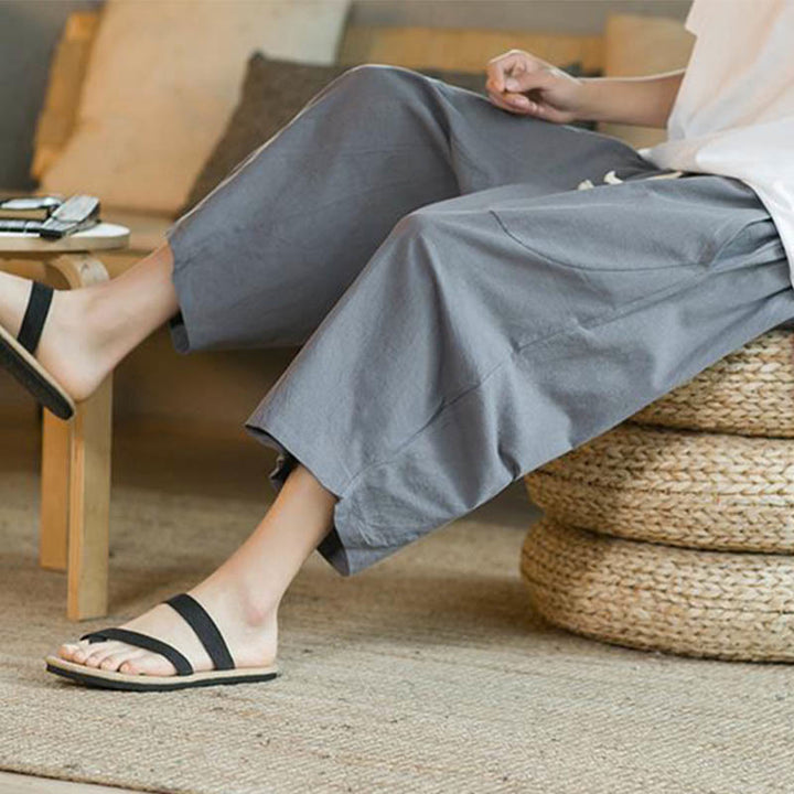 Buddha Stones無地ミドル丈リネンメンズワイドレッグパンツ(ポケット付き) - image 32