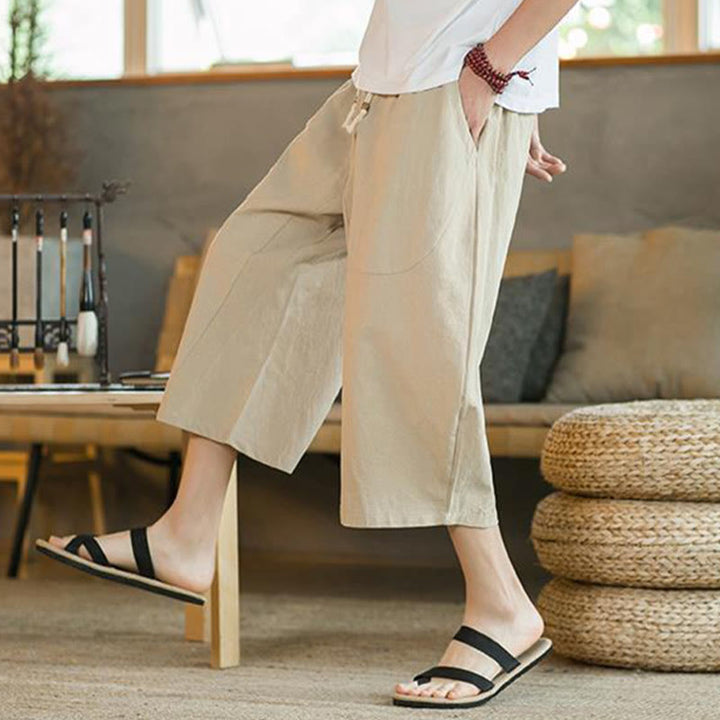 Buddha Stones無地ミドル丈リネンメンズワイドレッグパンツ(ポケット付き) - image 7