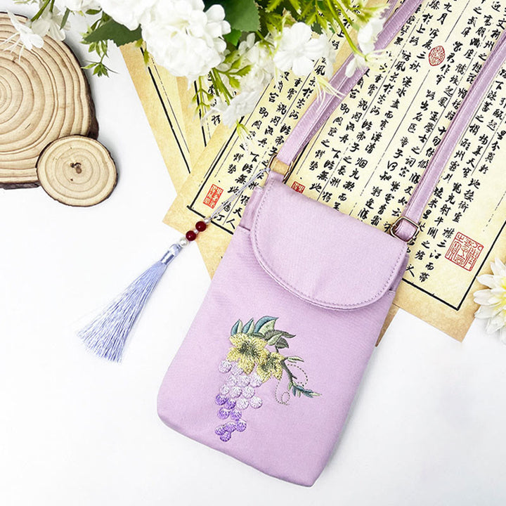 Buddha Stonesの小さな刺繍の花のクロスボディバッグ、ショルダーバッグ、二重層携帯電話バッグ