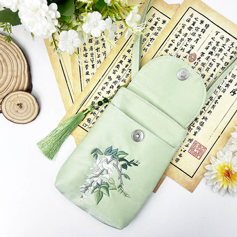 Buddha Stonesの小さな刺繍の花のクロスボディバッグ、ショルダーバッグ、二重層携帯電話バッグ