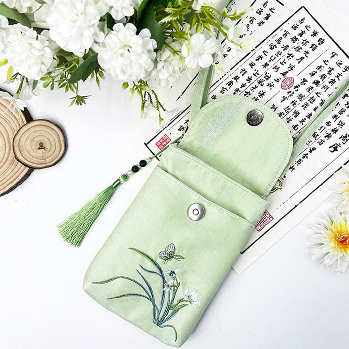 Buddha Stonesの小さな刺繍の花のクロスボディバッグ、ショルダーバッグ、二重層携帯電話バッグ