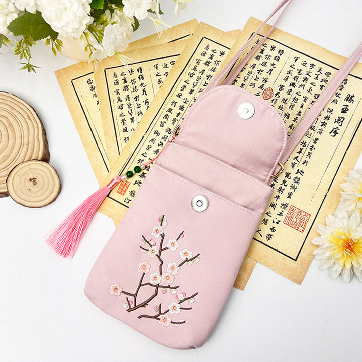 Buddha Stonesの小さな刺繍の花のクロスボディバッグ、ショルダーバッグ、二重層携帯電話バッグ