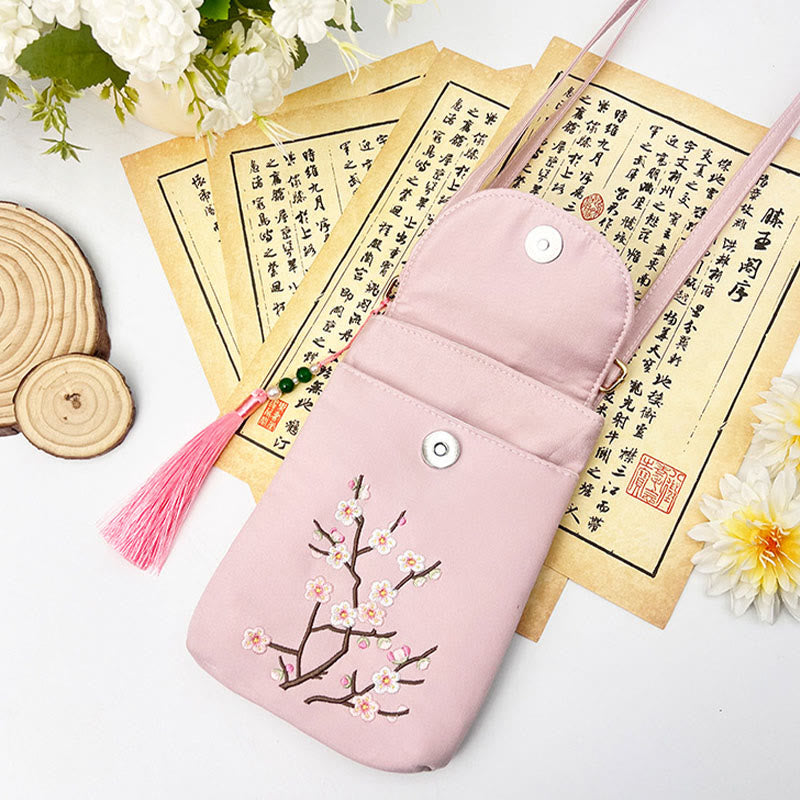 Buddha Stonesの小さな刺繍の花のクロスボディバッグ、ショルダーバッグ、二重層携帯電話バッグ