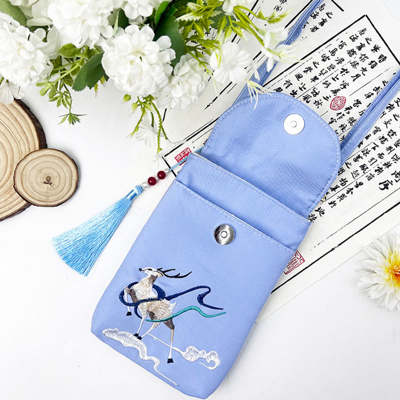 Buddha Stonesの小さな刺繍の花のクロスボディバッグ、ショルダーバッグ、二重層携帯電話バッグ