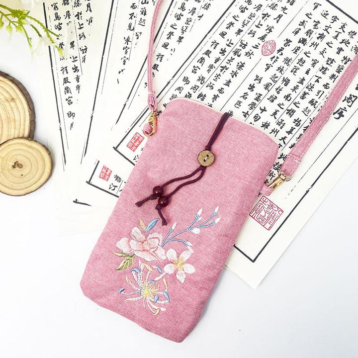 Buddha Stonesの小さな刺繍の花のクロスボディバッグ、ショルダーバッグ、携帯電話バッグ、11×20cm