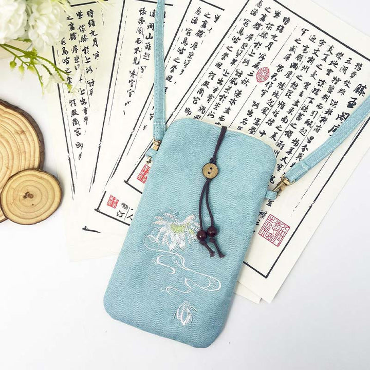 Buddha Stonesの小さな刺繍の花のクロスボディバッグ、ショルダーバッグ、携帯電話バッグ、11×20cm