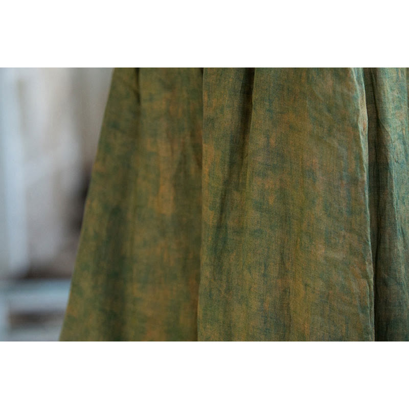 Buddha Stonesグリーンイエローラミーリネン フレキシブルウエストバンド ワイドレッグパンツ ポケット付き