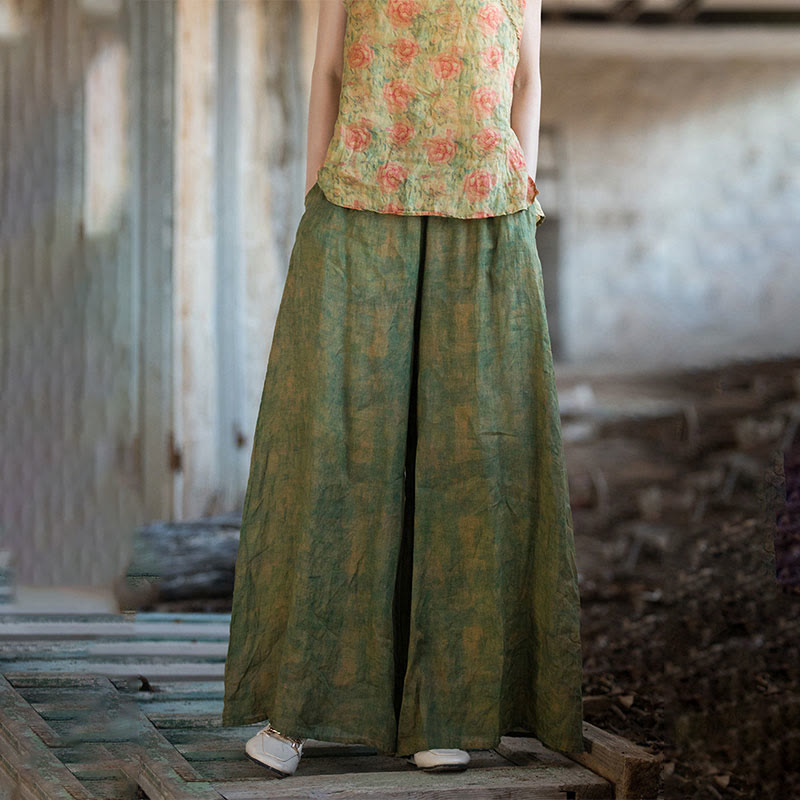 Buddha Stonesグリーンイエローラミーリネン フレキシブルウエストバンド ワイドレッグパンツ ポケット付き