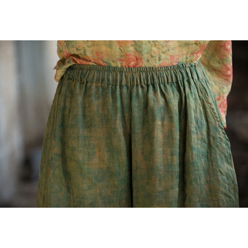 Buddha Stonesグリーンイエローラミーリネン フレキシブルウエストバンド ワイドレッグパンツ ポケット付き