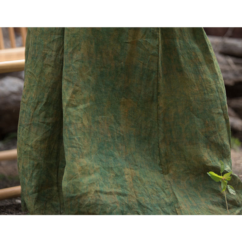 Buddha Stonesグリーンイエローラミーリネン フレキシブルウエストバンド ワイドレッグパンツ ポケット付き