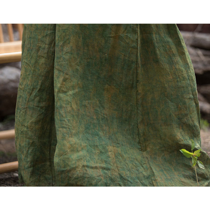 Buddha Stonesグリーンイエローラミーリネン フレキシブルウエストバンド ワイドレッグパンツ ポケット付き