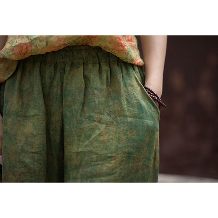 Buddha Stonesグリーンイエローラミーリネン フレキシブルウエストバンド ワイドレッグパンツ ポケット付き