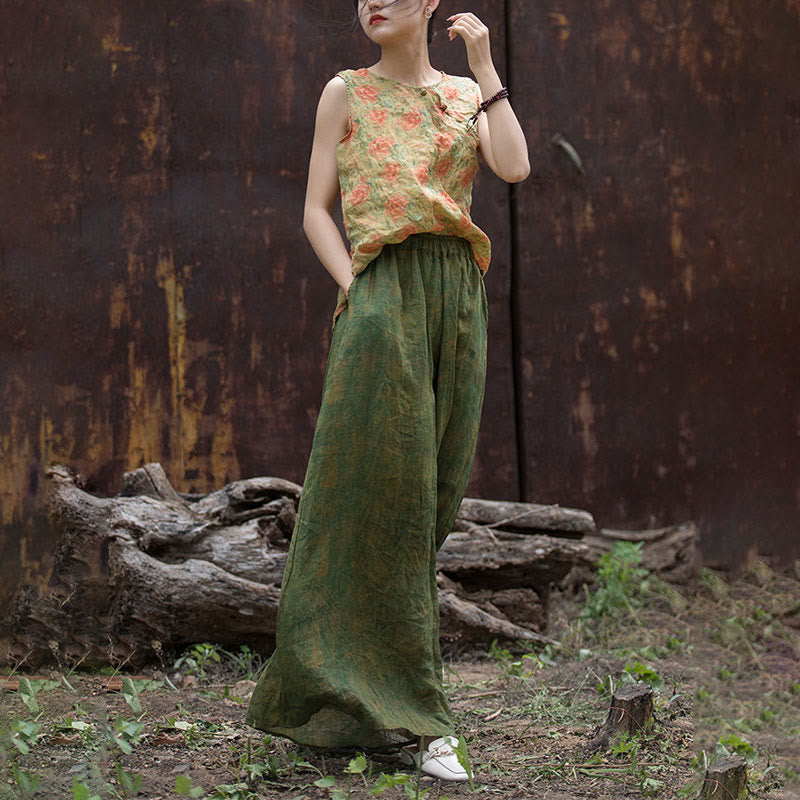 Buddha Stonesグリーンイエローラミーリネン フレキシブルウエストバンド ワイドレッグパンツ ポケット付き