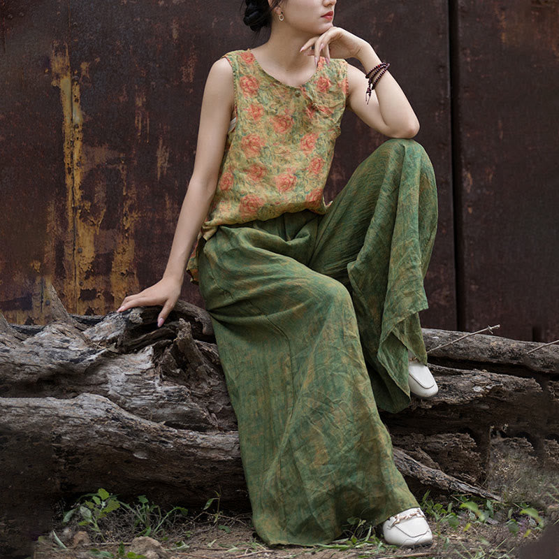 Buddha Stonesグリーンイエローラミーリネン フレキシブルウエストバンド ワイドレッグパンツ ポケット付き