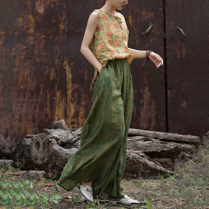 Buddha Stonesグリーンイエローラミーリネン フレキシブルウエストバンド ワイドレッグパンツ ポケット付き