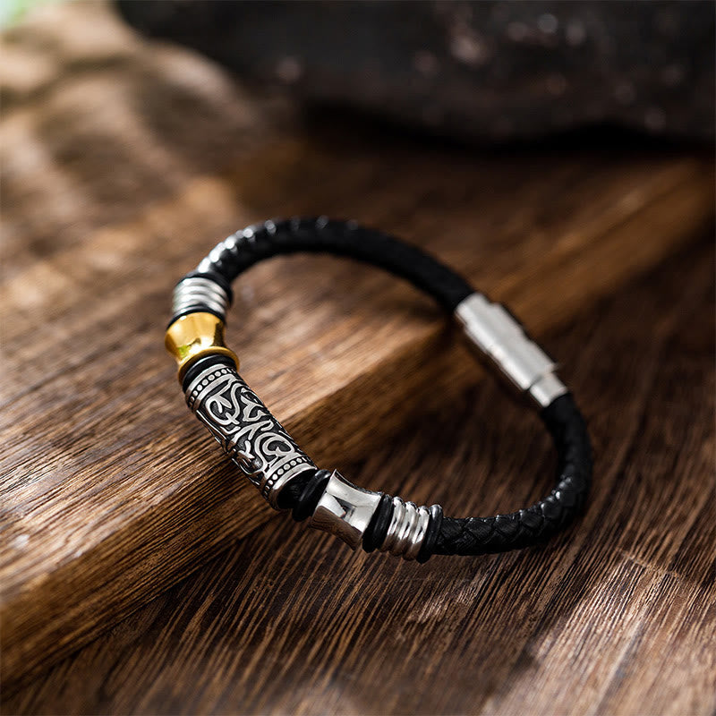 Buddha Stones唐代の花模様 幸運 ステンレススチールバックル レザーブレスレット
