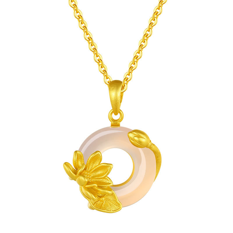 Buddha Stones天然ホワイトカルセドニー ピースバックル ロータスペンダント S925 スターリングシルバーネックレス