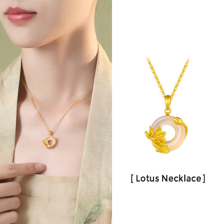 Buddha Stones天然ホワイトカルセドニー ピースバックル ロータスペンダント S925 スターリングシルバーネックレス