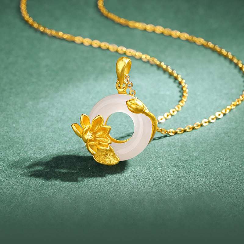 Buddha Stones天然ホワイトカルセドニー ピースバックル ロータスペンダント S925 スターリングシルバーネックレス