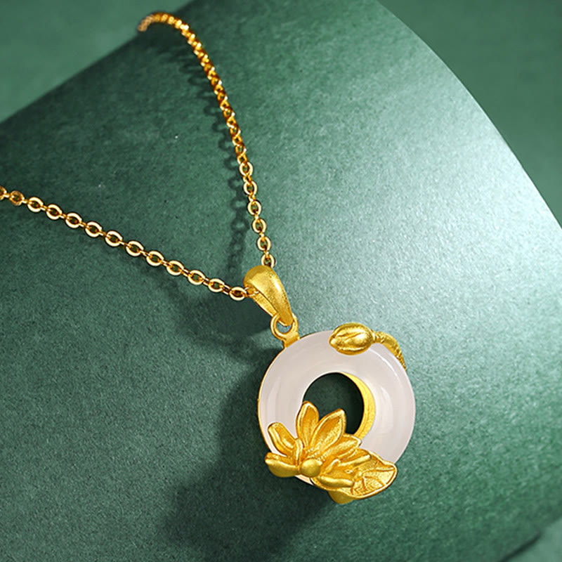 Buddha Stones天然ホワイトカルセドニー ピースバックル ロータスペンダント S925 スターリングシルバーネックレス