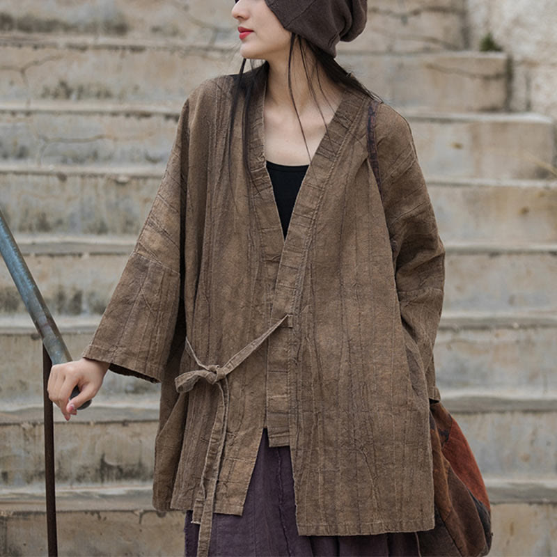 Buddha Stonesのタイダイ染めレースアップデザインコート、禅瞑想オープンフロントトップジャケット - ブラウン - US4-14、 UK/AU8-18、 EU36-46 (F)-(トップスのみ) - image 0