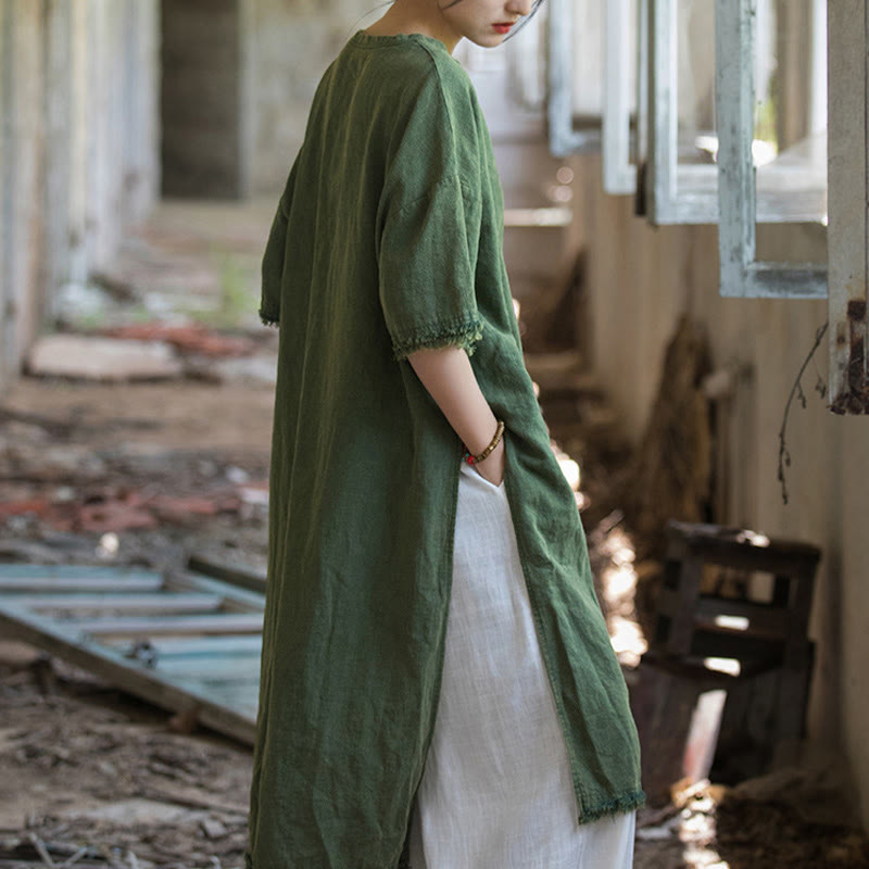 Buddha Stonesミドル丈ドレス ラミーリネン ハーフスリーブ スプリットヘム トップ Tシャツ - image 2